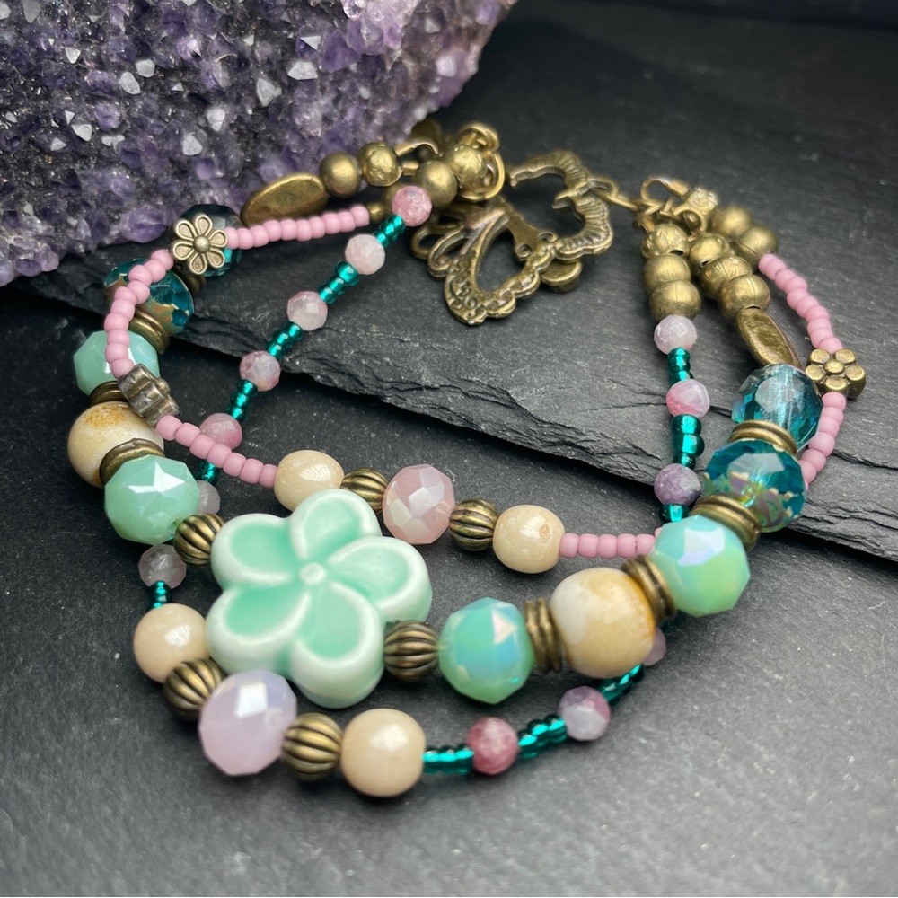 Pink Tourmaline Gemstone and Teal Floral Multi Strand Beaded Artisan Bracelet